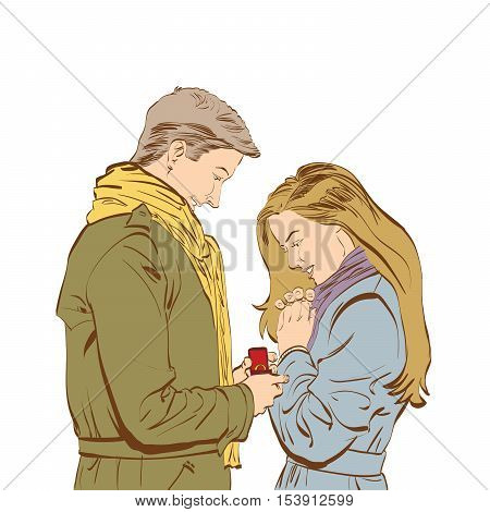 Boyfriend requesting hand of his girlfriend with a engagement ring, color illustration isolated vector