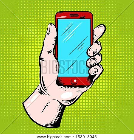 Hand holding red smartphone with blue screen pop art design on green textured background vector illustration