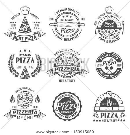 Pizzeria black white emblems with product quality inscription oven and culinary tools decorative elements isolated vector illustration