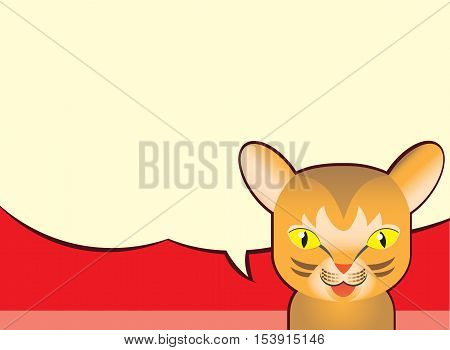 Cartoon illustration, speech bubble and Abbyssinian cat, on red background.