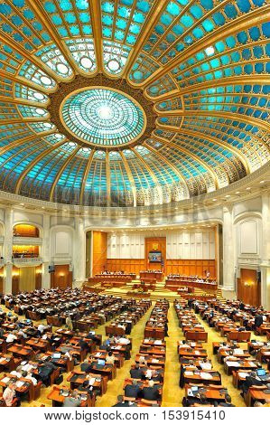 BUCHAREST ROMANIA - JUNE 17 2014: Romanian Senate celebrating 150 years of activity. Romanian Senate was founded by Alexandru Ioan Cuza in 1864 being one of the oldest in Europe