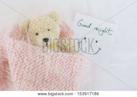 good night message card and teddy bear sleep in pink blanket wool