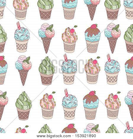 Set of different sweets. Seamless doodle pattern with ice cream, desserts, fruit cakes. Hand drawn vector illustration. Colored Wallpaper. Packing for a gift, banner, card