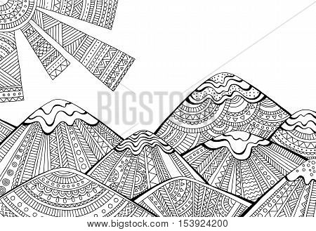 Printable coloring page for adults with mountain landscape. Hand drawn vector illustration
