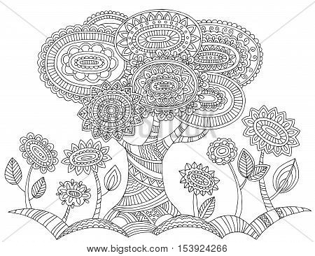 Printable coloring page for adults with tree and flowers. Hand drawn vector illustration