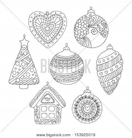 Vector hand drawn Christmas balls illustration for adult coloring book. Freehand sketch for adult anti stress coloring book page with doodle and zentangle elements.