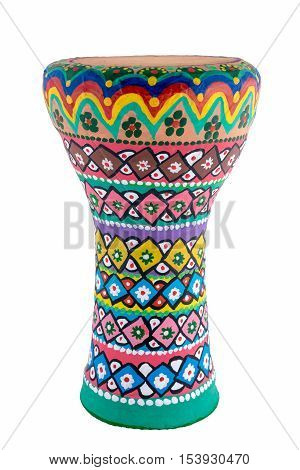 Front view of a colorful painted goblet drum (also chalice drum, tarabuka, darbuka, debuka, doumbek, dumbec, dumbeg, dumbelek, toumperleki, or tablah), is a single head membranophone with a goblet shaped body used mostly in the Middle East, North Africa, 