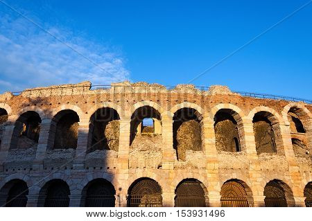 Detail of the Arena of Verona at sunset (I-III century) roman amphitheater symbol of the city of Verona (UNESCO world heritage site) Veneto Italy