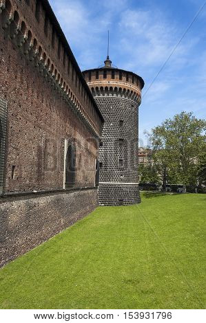 Detail of the Torrione del Carmine (Tower of Carmine) Sforza Castle XV century (Castello Sforzesco). Milan Lombardy Italy