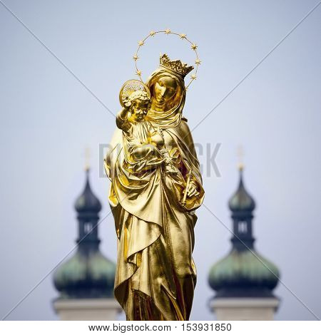 An image of the golden Madonna Statue in Tutzing Bavaria Germany