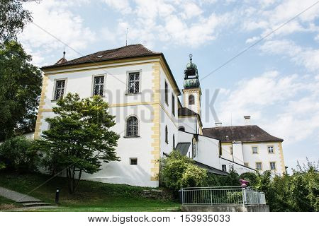 Sanctuary Mariahilf in Passau Germany. Cultural heritage. Religious architecture. Architectural theme. Side view. Travel destination.
