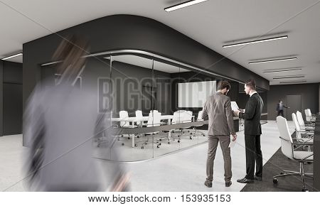 People walking and talking in office with long conference room. Concept of communication and teamwork for mutual good. 3d rendering. Mock up.
