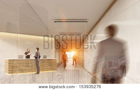 Side view of man talking to a receptionist while his twin is approaching. Concept of utopian future with clones. 3d rendering. Mock up. Toned image. Double exposure