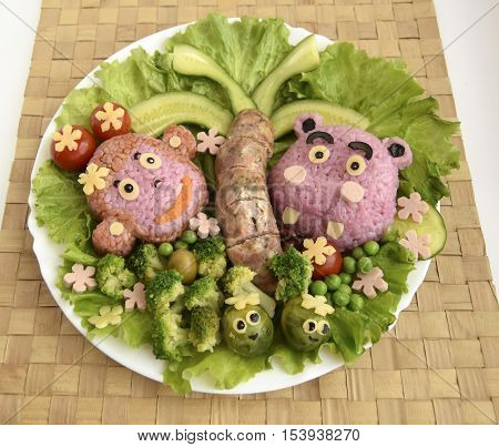 The monkey and hippopotamus are made of rice. Creative food for good mood and appetite.