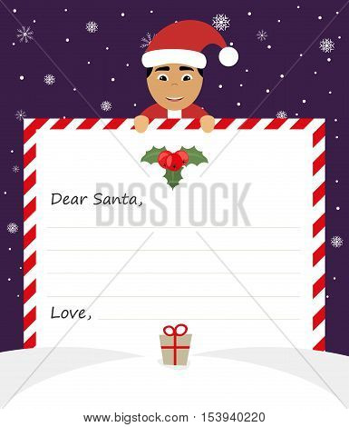 Handsome Asian Santa in uniform suit is holding a paper and smiling friendly. Modern flatdesign.