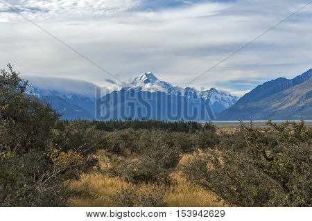 Aoraki / Mount Cook, The Highest Mountain In New Zealand, And The Tasman River Seen From Glentanner