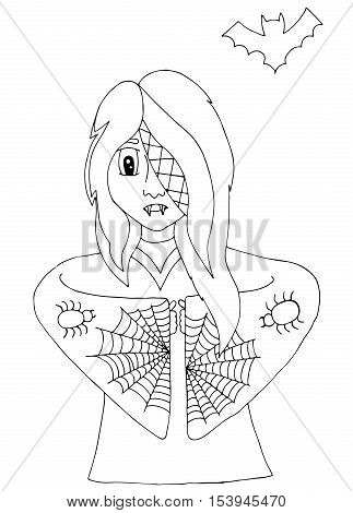 Girl vampire in clothes with a spider web and spiders. Mono color black line art element for adult coloring book page design.