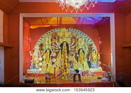 KOLKATA INDIA - OCTOBER 21 2015 : Beautiful interior of decorated Durga Puja pandal at Kolkata West Bengal India. Durga Puja is biggest religious festival of Hinduism.