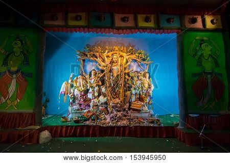 KOLKATA INDIA - OCTOBER 21 2015 : Beautiful interior of decorated Durga Puja pandal at Kolkata West Bengal India. Durga Puja is biggest religious festival of Hinduism.