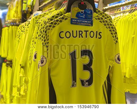 London, the UK - May 2016: Courtois t-shirt in the official FC Chelsea
store