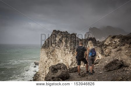 Salalah Oman July 10th 2015: hikers in the mountains of Dhofar in Salalah
