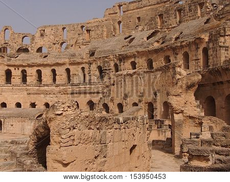 ruins of the Roman amphitheater in the city of El Djem in Tunisia