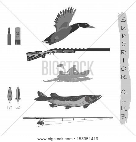 set for fishermen and hunters. rifle and duck. Spinning and fish. a man in a rubber boat. Isolate on white background.
