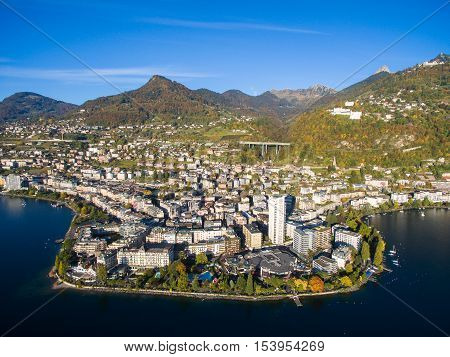 Aerial View Of Montreux Waterfront, Switzerland