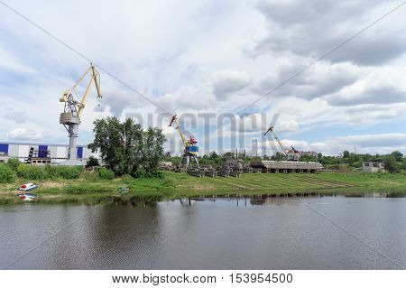 Gorodets,, Russia. - June 2.2016. The View From The River At The Shipyard Ship Repair Shipbuilding C