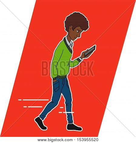 Guy looking at mobile phone apps. Walking guy with a mobile phone. Icons apps in smartphone of guy. Vector person of guy walking and looking at phone. Person with mobile. Online services in smartphone