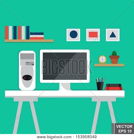 Workplace table. A computer. The modern concept flat style. For your design.