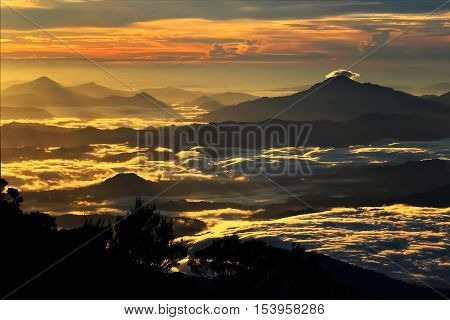 Sunrise at Mount Kinabalu. Aerial view of clouds. Island of Borneo Malaysia.