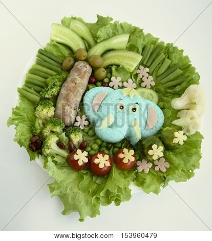 The elephant is made of rice. Creative food for good mood and appetite