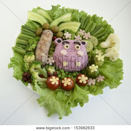 The hippopotamus is made of rice. Creative food for good mood and appetite