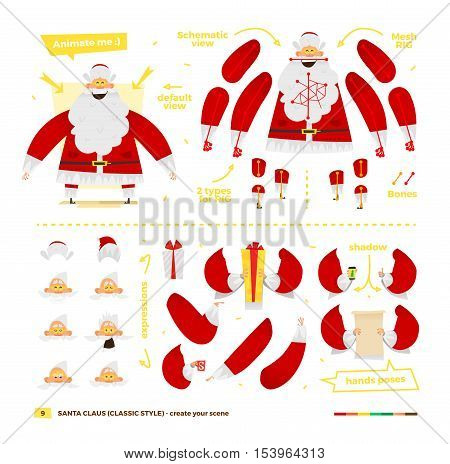 Vector illustration Santa Claus set for animation. Some hands poses with face emotions. Christmas and New Year theme. Classic red apparel style