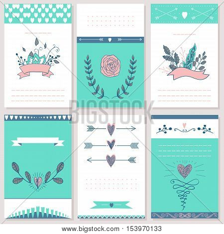 6 styled Valentine s Day Card.  Vector design editable. Valentine s day collection. Bliue and pink colors.