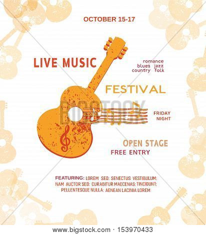 Template Design Poster with acoustic guitar silhouette. Design idea Live Music Festival show promotion advertisement. Vintage style. Organized lyers easy to edit and change text. Vector illustration