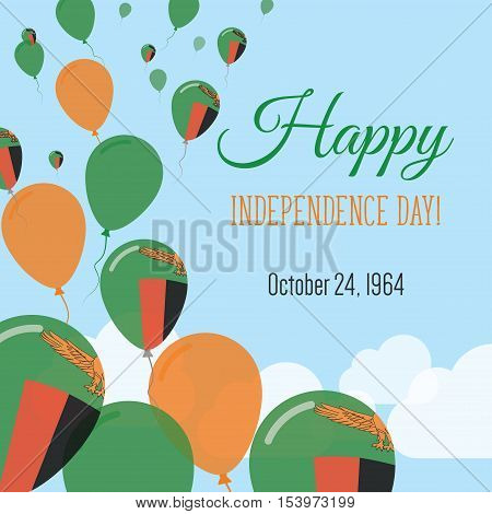 Independence Day Flat Greeting Card. Zambia Independence Day. Zambian Flag Balloons Patriotic Poster