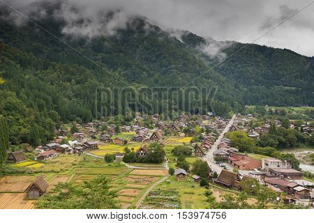 Shirakawago Japan - September 23 2016: Aerial view on the hamlet of Shirakawago shows the entire village with the central road cutting it in half. green forest and low hanging clouds. Yellow rice paddies add color.
