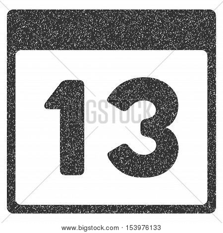 Thirteenth Calendar Page grainy textured icon for overlay watermark stamps. Flat symbol with unclean texture. Dotted glyph gray ink rubber seal stamp with grunge design on a white background.