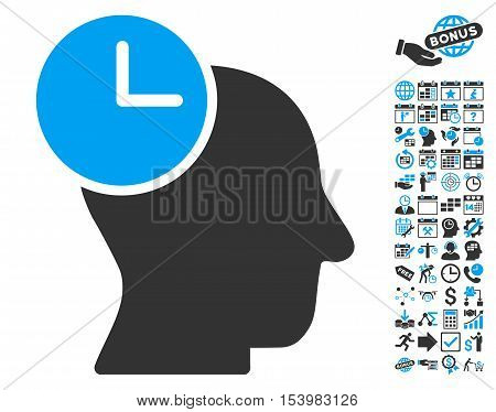 Time Thinking icon with bonus calendar and time management icon set. Glyph illustration style is flat iconic bicolor symbols blue and gray colors white background.