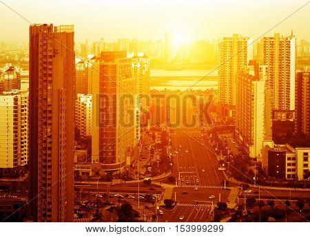 Dusk of the city of modern architecture.