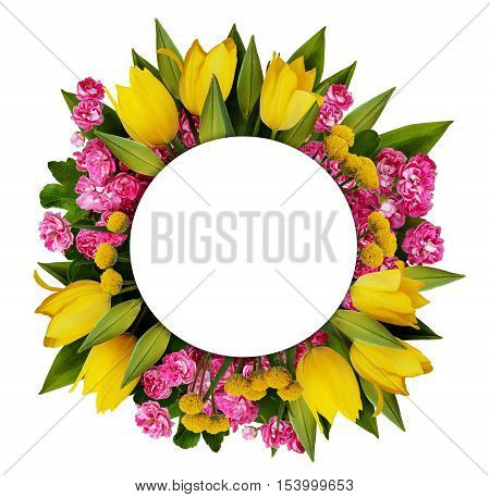 Tulips and hawtorn flowers frame isolated on white