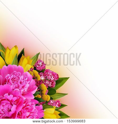 Peonies tulips and hawtorn flowers corner arrangement for background