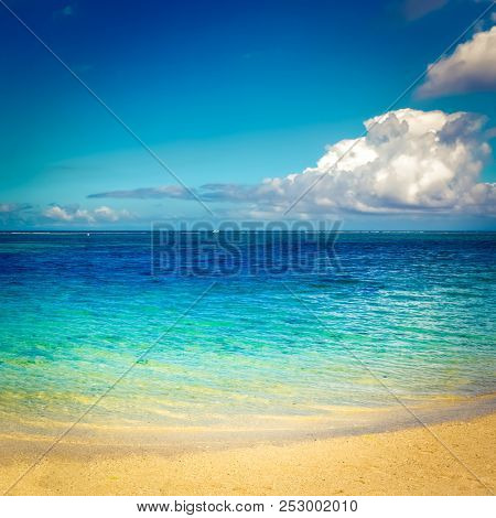 Sandy tropical Wolmar beach at sunny day. Beautiful landscape. Mauritius