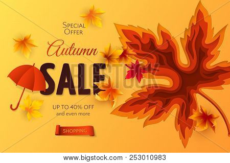 Vector Autumn Sale Banner With 3d Realistic Carving Art Of Maple Leaf, Cut Out Of Paper Red Umbrella