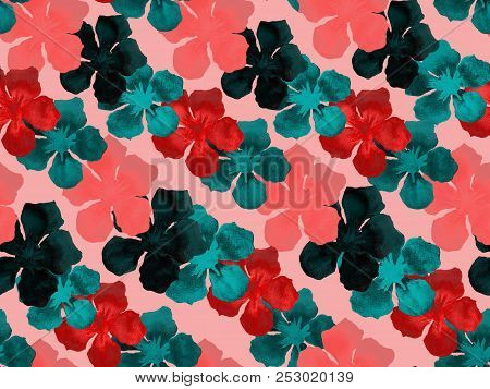 Hawaiian Watercolor Pattern. Pink Red Floral Tropical Seamless Print. Hibiscus And Oleander In Hawai