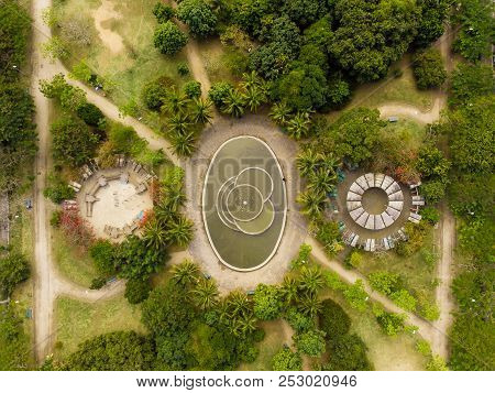 Aerial View Of Park In Barra Da Tijuca, Rio De Janeiro. Drone Pov Shows Geometric Shapes And Pattern