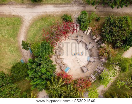 Aerial View Of Childrens Playground In Park In Barra Da Tijuca, Rio De Janeiro. Drone Pov Shows Geom