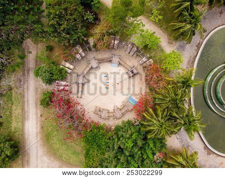 Aerial View Of Childrens Playground In Park In Barra Da Tijuca, Rio De Janeiro. Drone Pov Shows Geom